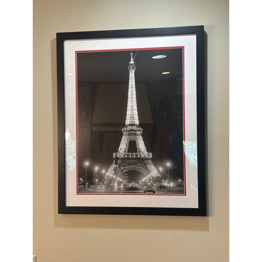 Cyndi Schick Eiffel at Night Tower Paris Framed Black White Print 25x31